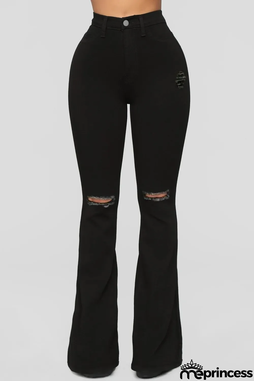 Black Casual Solid Ripped High Waist Boot Cut Denim Jeans