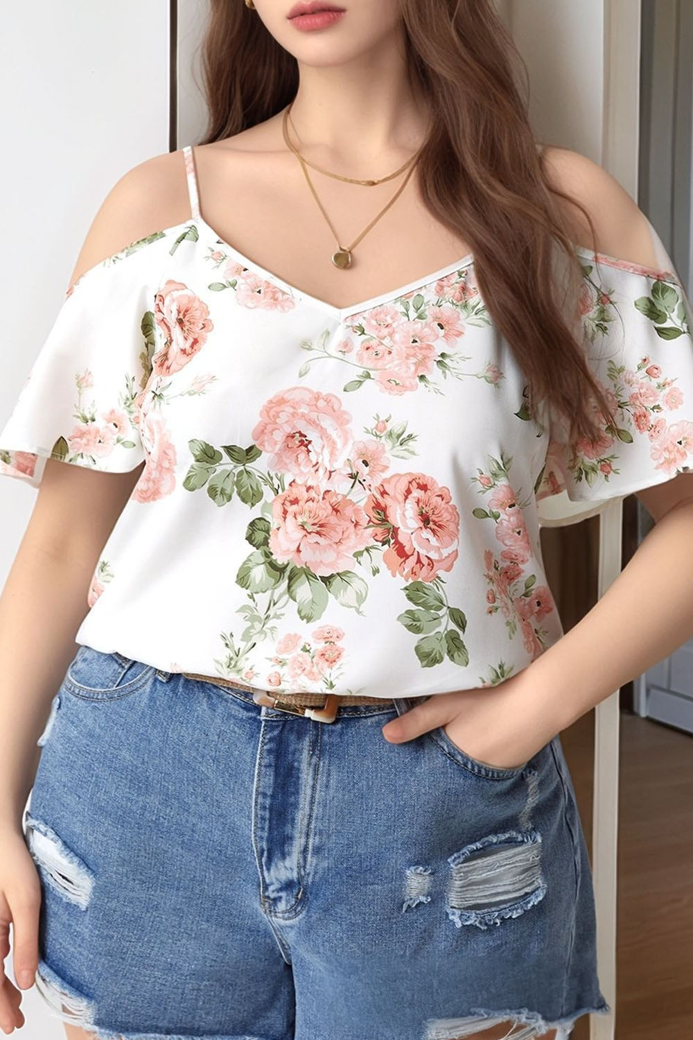 Plus Size Everyday Pink Floral Print Cold Shoulder Flutter Sleeve Blouse 2024 - Flycurvy 