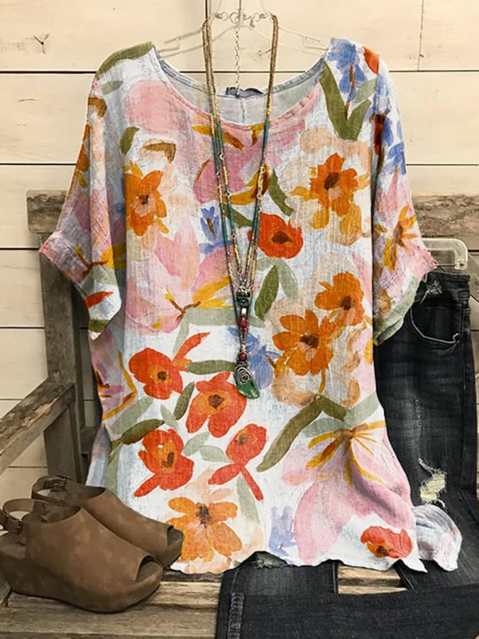 Women's Artistic Floral Casual Cotton And Linen Top