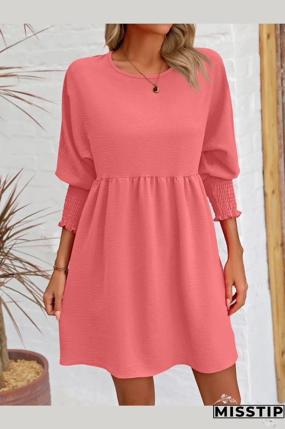Round Neck Lantern Sleeve Mini Dress