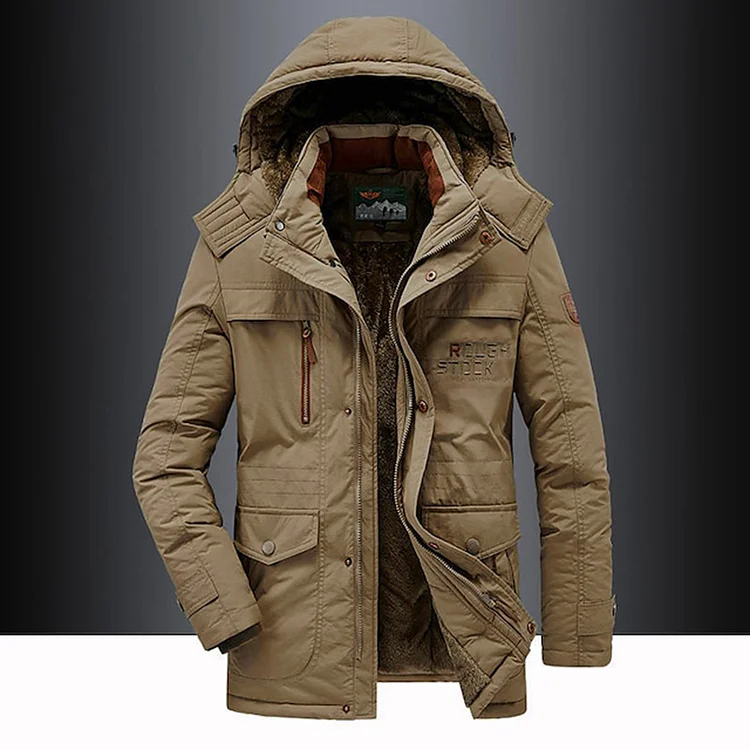Men's Casual Outdoor Solid Zipper Flap Pocket Thermal Fuzzy Lined Hooded Winter Jacket