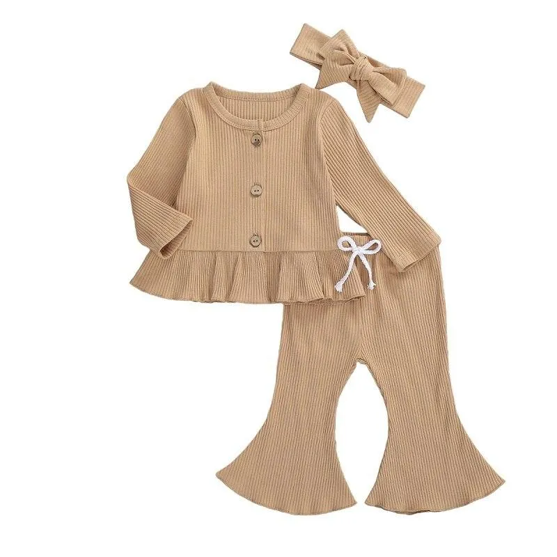 Infant Newborn Baby Toddler Girls 3 Pcs Knit Outfits Long Sleeve Buttons Round Neck Ruffle Top + Long Flared Pant + Headband