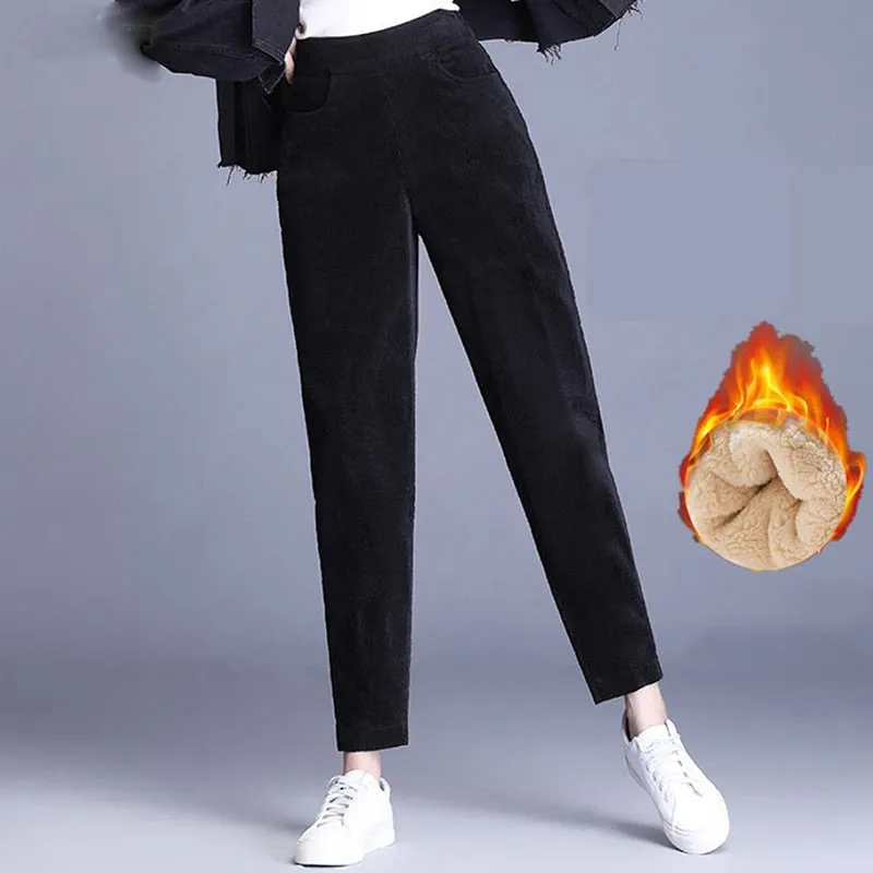 Women Pants Winter Casual Plush Thick Warm Pocket Corduroy Gym Workout Sport Pants Female Solid High Waist Cashmere Trousers