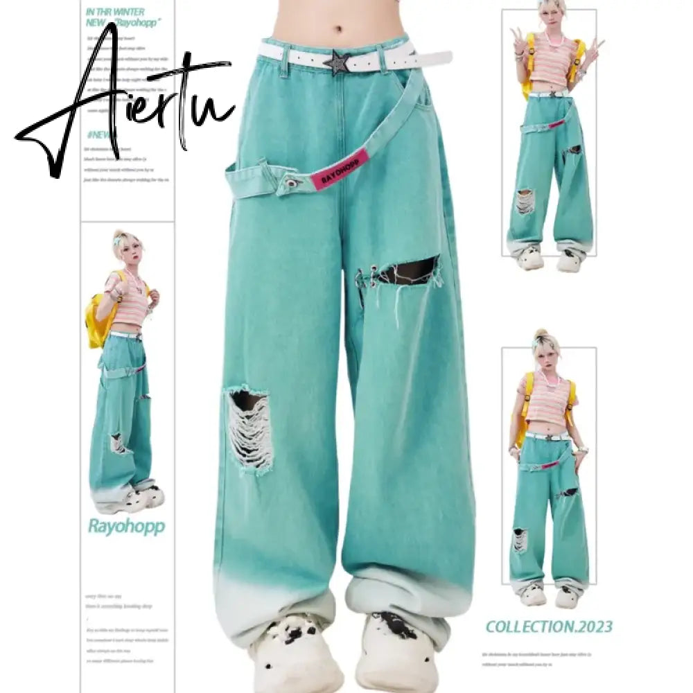 Blue Jeans Women Belt High Waist American Wide Leg Pants Y2K Style Fashion Streetwear Female Pants Autumn Straight Trousers Aiertu