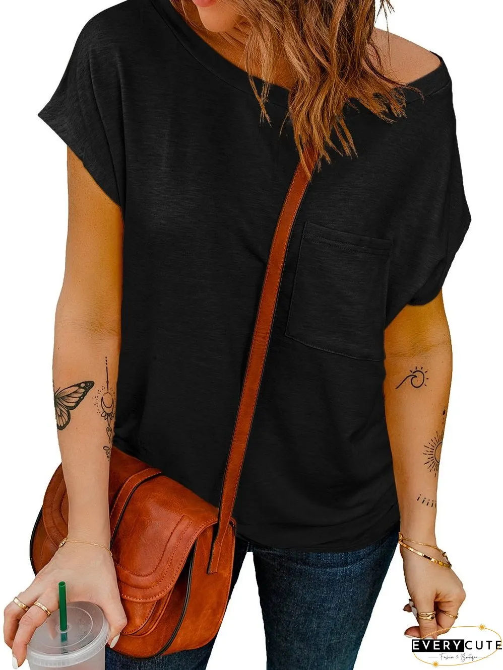 Hypnotic Knit Pocket Tee with Cap Sleeves