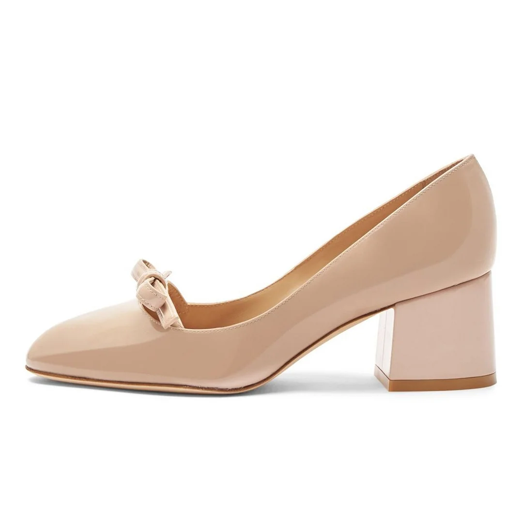 YDN Nude Patent Leather Round Toe Bow Decor Block Heel Pumps