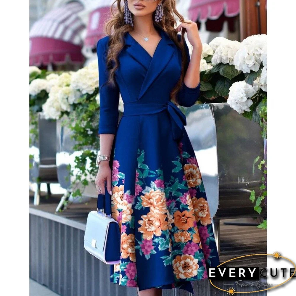 New European And American Style V-neck Fashion Strap Waist Closed Middle Sleeve Dress Vestido Feminino