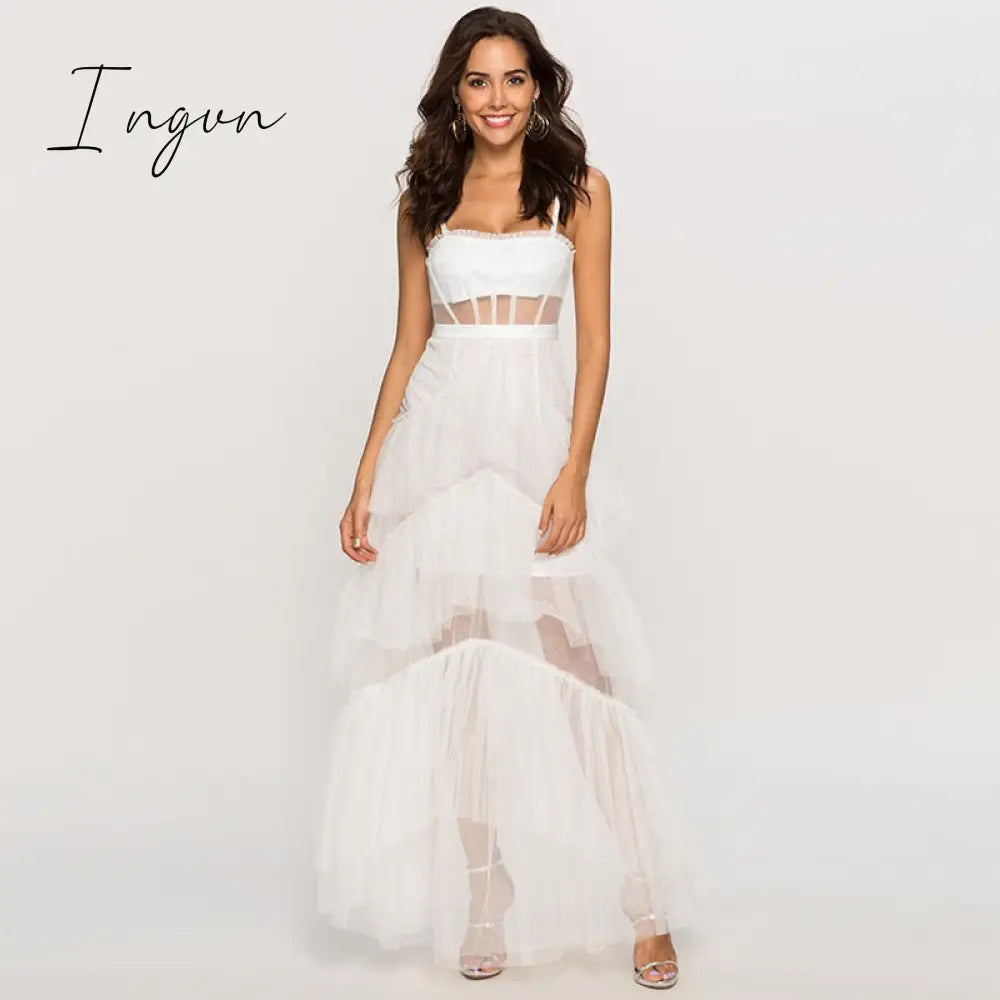 Ingvn - Womens Fashion Summer Sling Long Lace Dress Women Hollow Stitching Sexy Bubble Backless