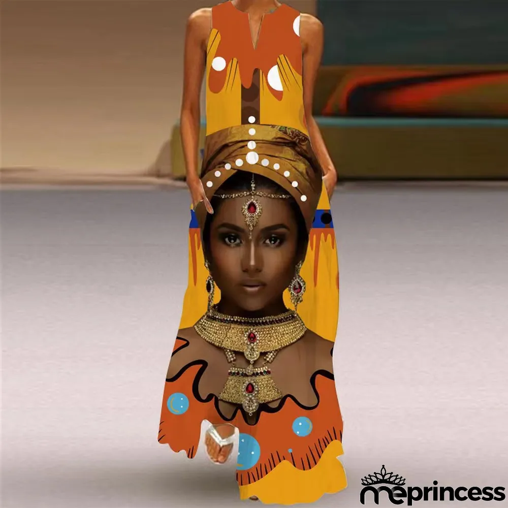 Summer women's sleeveless dress v-neck printed face dress