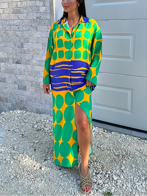 Effortless Style - Long-Sleeved Maxi Dresses with Loose Fit, Buttoned Front, Printed Lapel, and ...