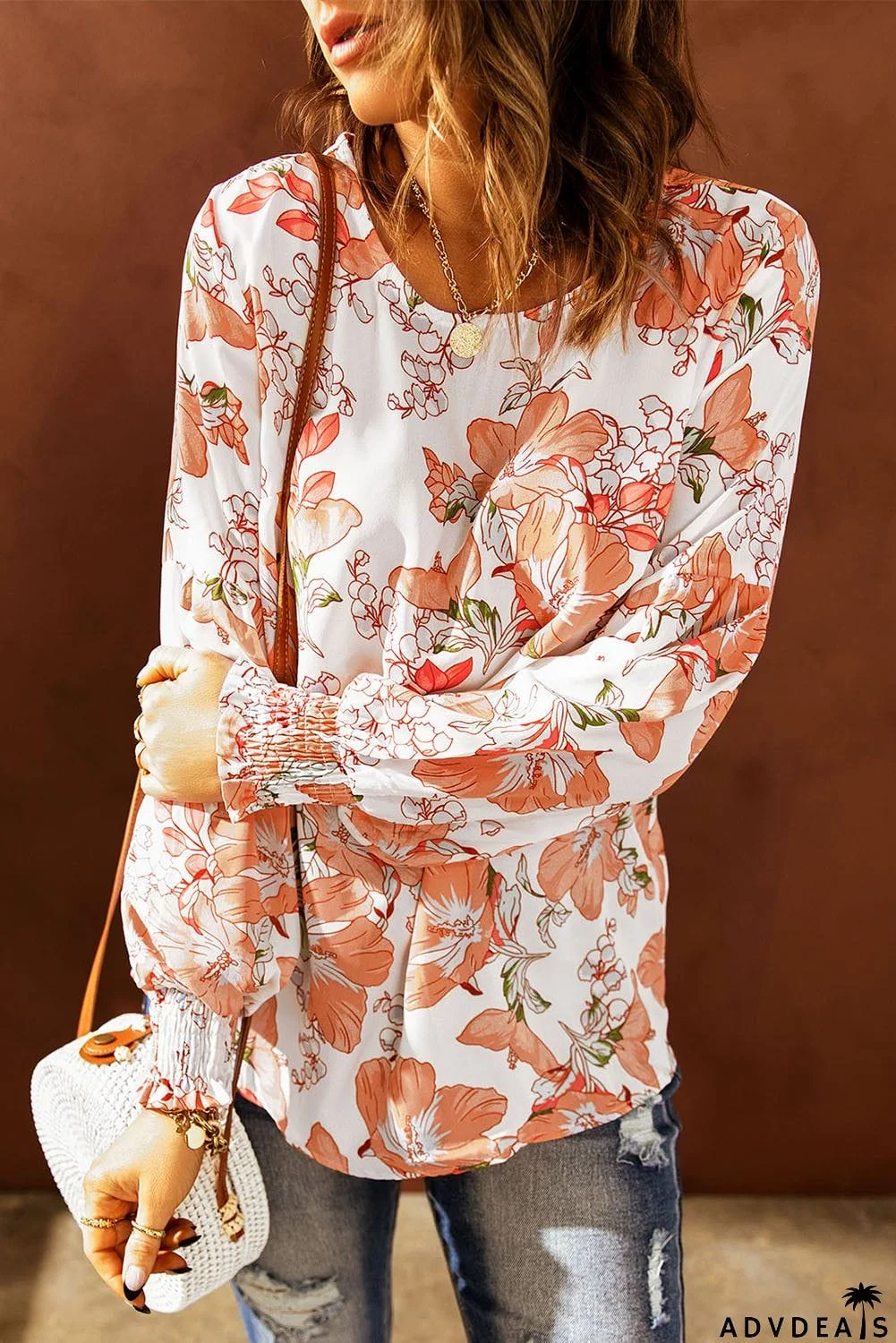 Orange Floral Puff Sleeve Blouse