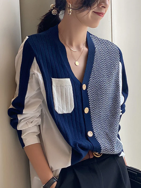 Original Loose Irregular Split-Joint Buttoned V-Neck Long Sleeves Sweater Blouse