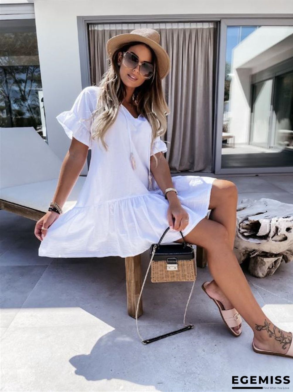 Casual Loose Fashion V-neck Ruffle Sleeve Hanging Beard Pleated Dress Women's White Dresses | EGEMISS