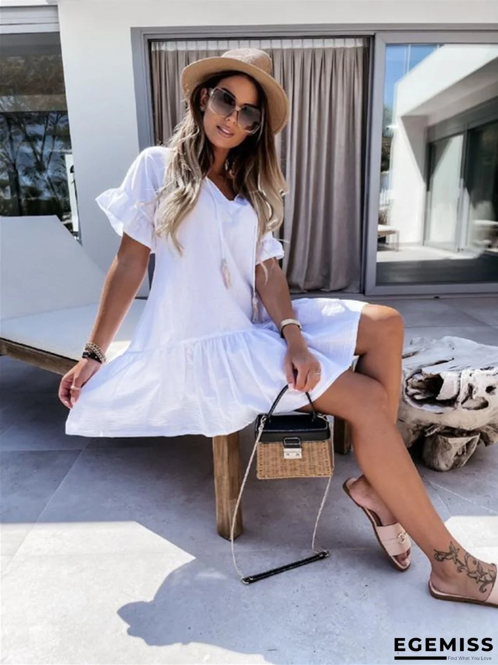 Casual Loose Fashion V-neck Ruffle Sleeve Hanging Beard Pleated Dress Women's White Dresses | EGEMISS