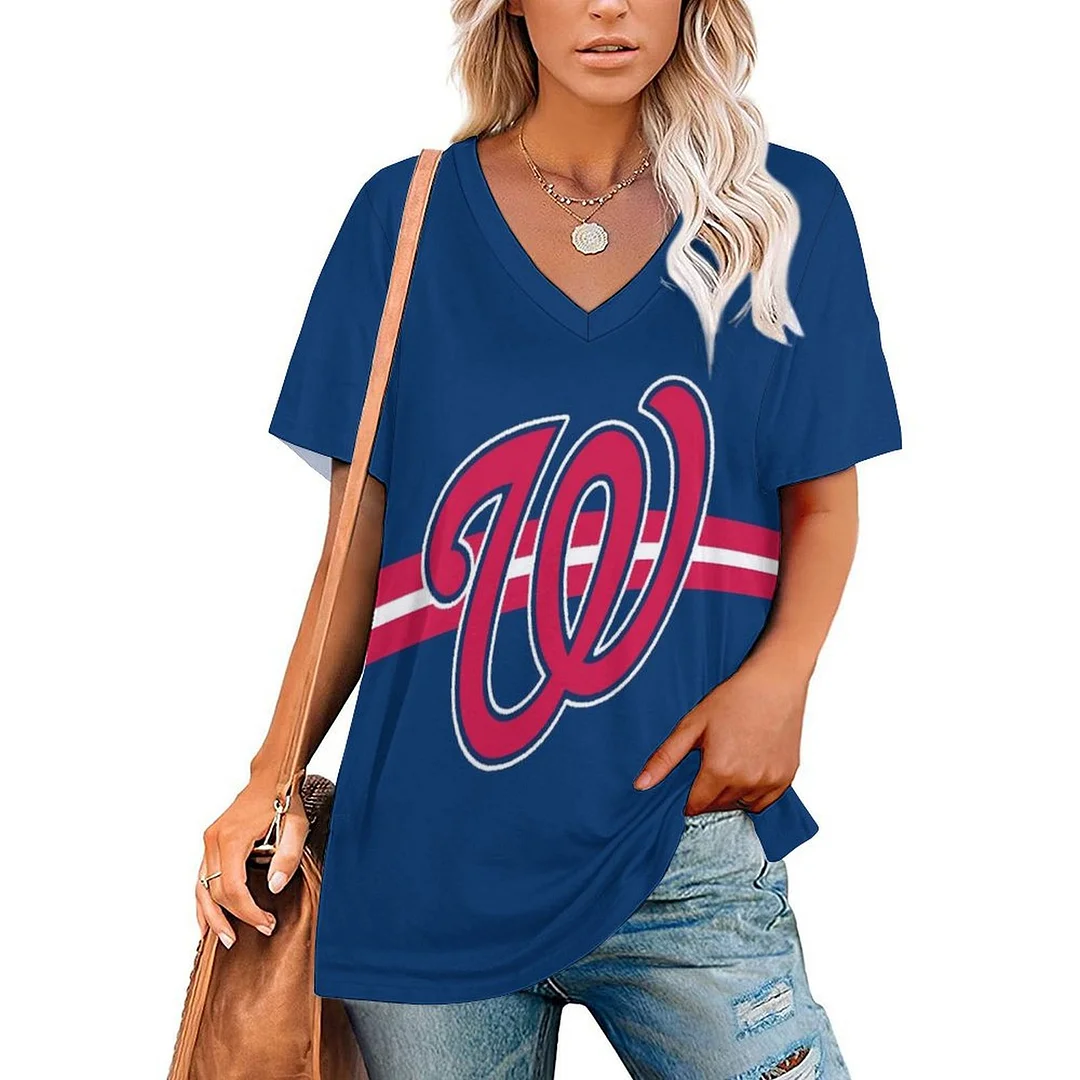 V-neck Short Sleeve Casual T-shirt for  Women Printed with Pattern , Blue, Red