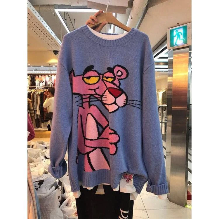 Spring Korean New Cartoon Sweater Women's Loose Leopard Round Neck Loose Casual Pullover Knitting Sweater Tops Z006
