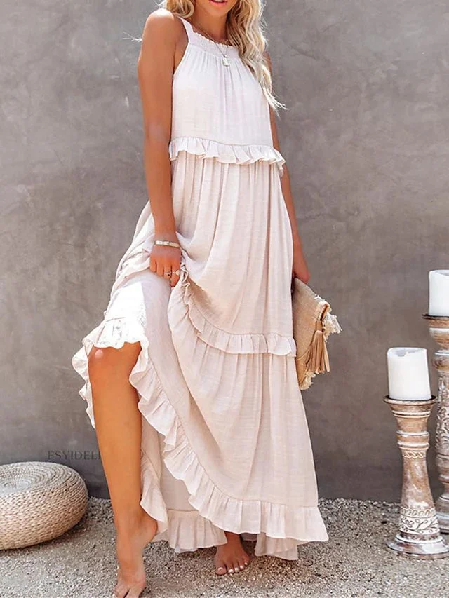 Uveng Style Ruffled Long Dress Wide Hem Dresses