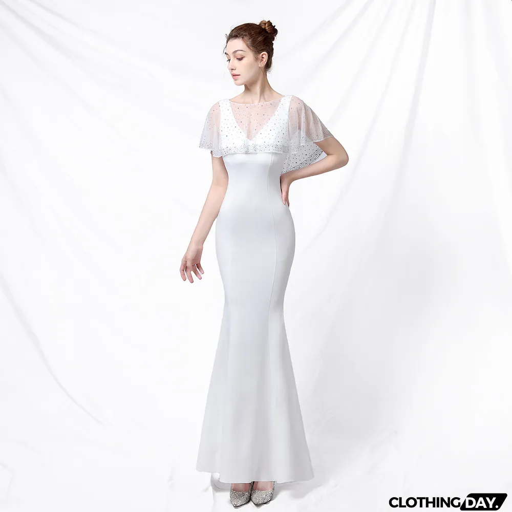 Bride Cape Solid Sleeveless V-Neck Long Mermaid Wedding Evening Dress Two Piece Set