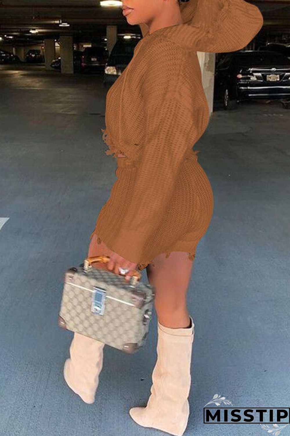 Camel Casual Solid Tassel Patchwork Hooded Collar Long Sleeve Two Pieces