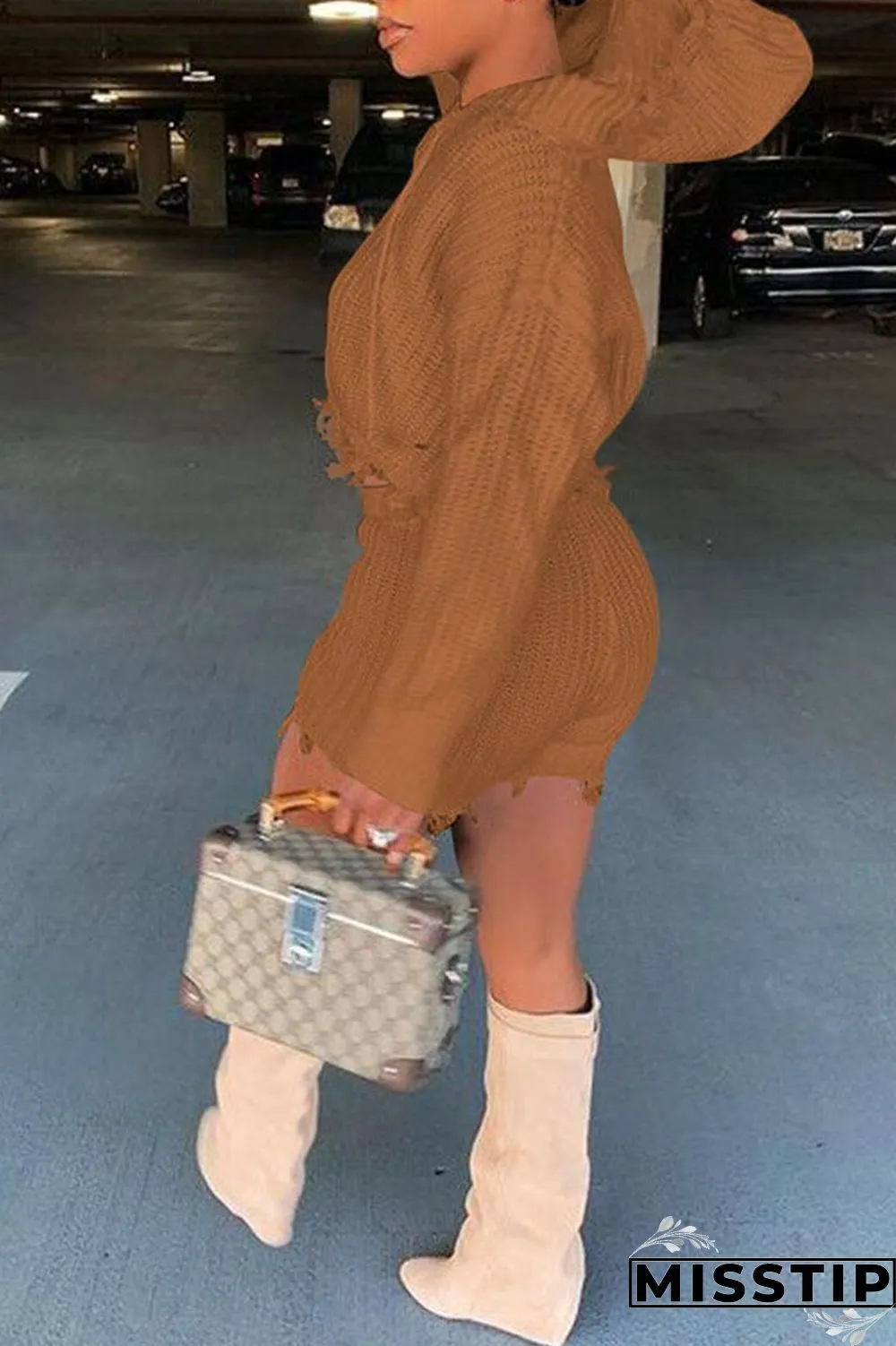 Camel Casual Solid Tassel Patchwork Hooded Collar Long Sleeve Two Pieces