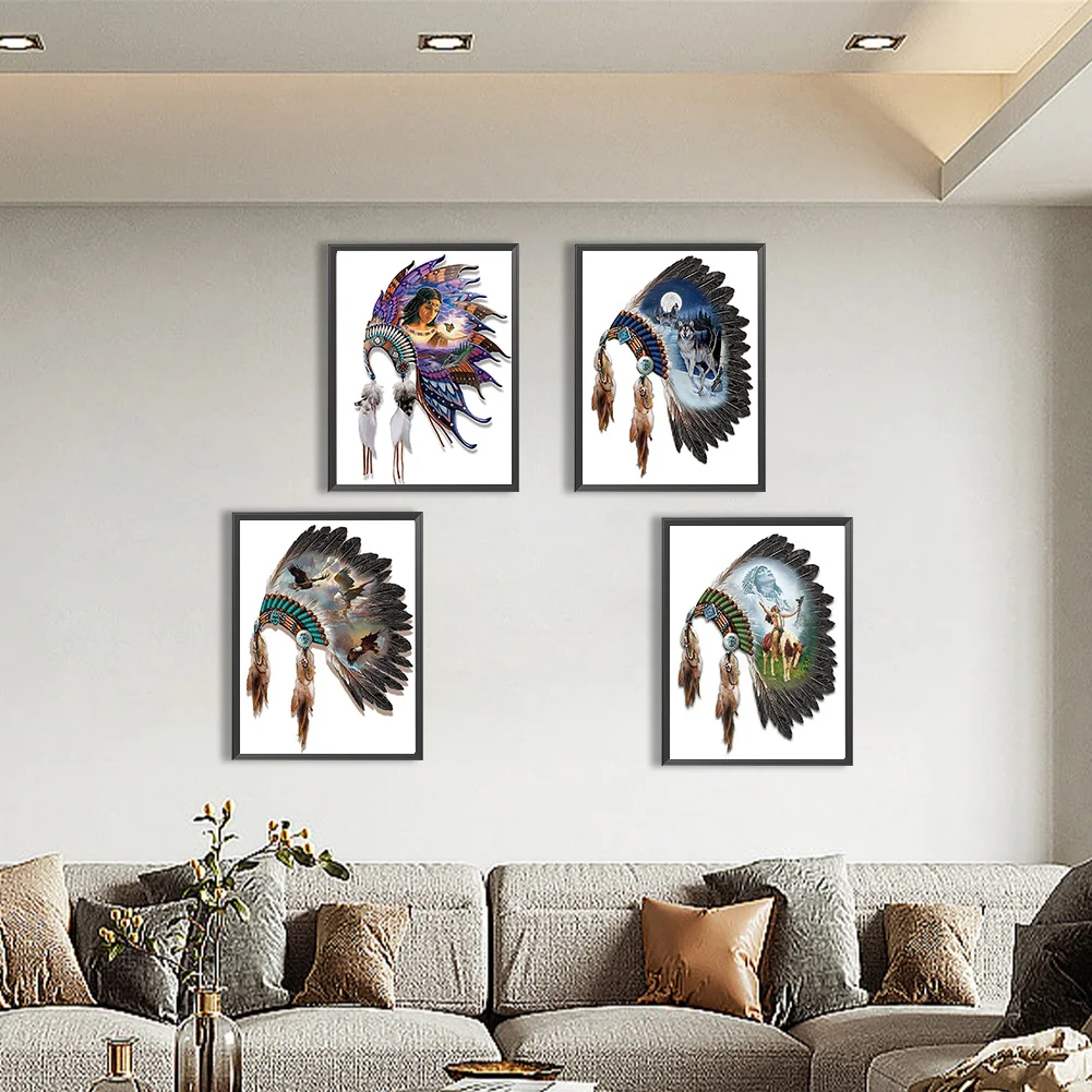 4pcs/Set Diamond Painting - Full Round Drill - Indian Headdress(Canvas|30*40cm)