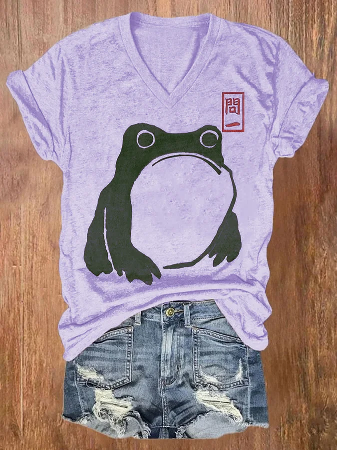 Women's Cute Frog Japanese Lino Art Painting Printed Casual T-Shirt