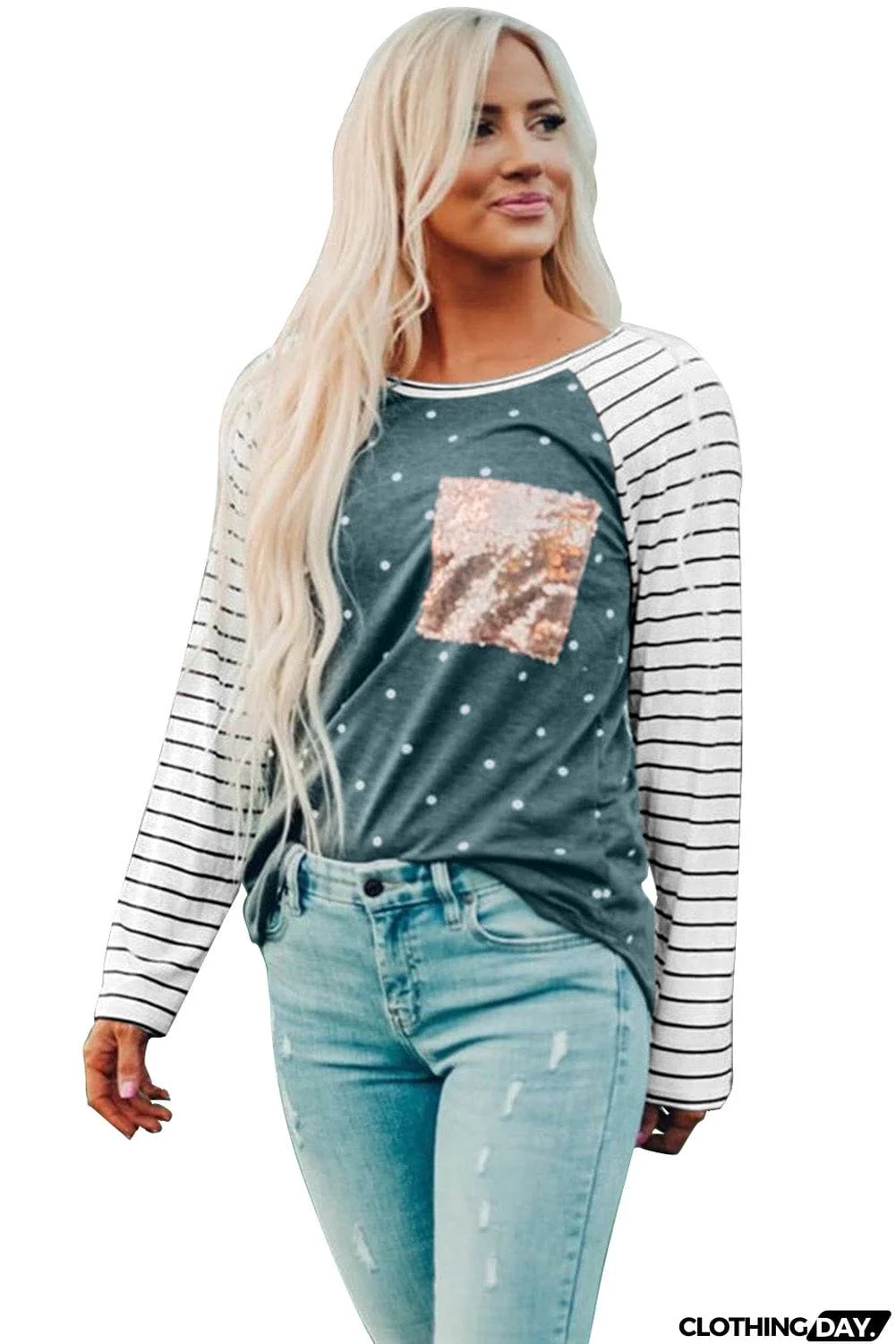 Sequin Pocket Dotted Panel Striped Sleeve Top