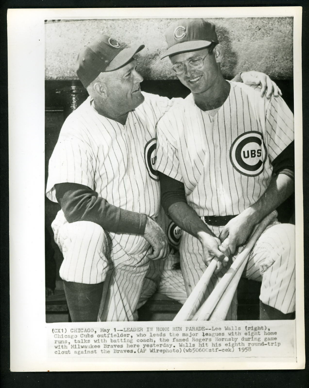 Rogers Hornsby & Lee Walls 1958 Press Photo Poster painting Chicago Cubs