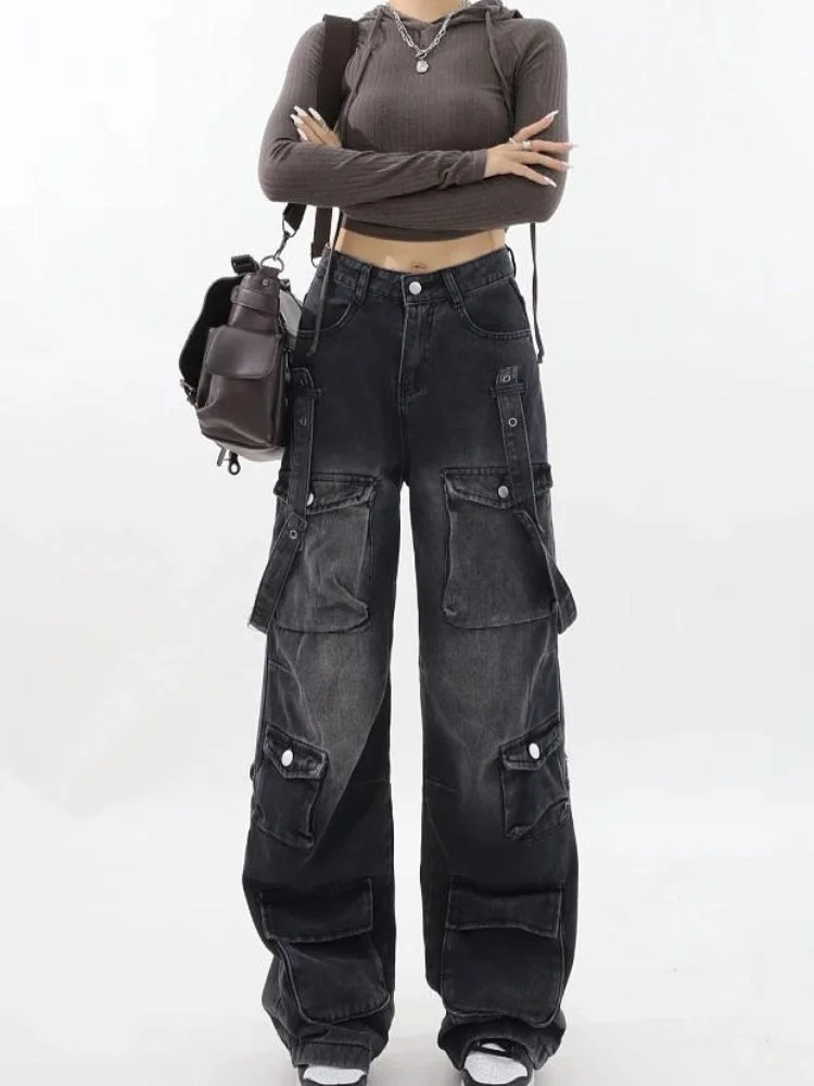 Brownm Belted Dark Wash Cargo Jeans