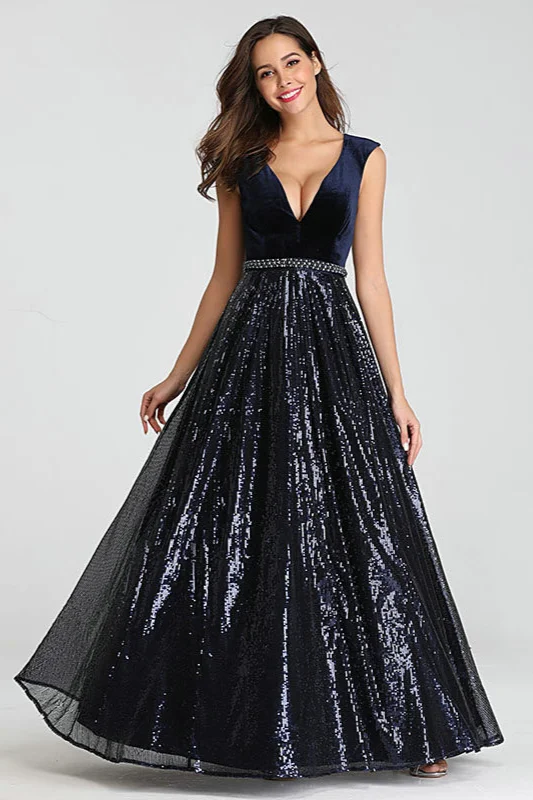 Gorgeous V-Neck Sequins Prom Dress Long Sleeveless Evening Party Gowns - lulusllly