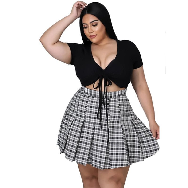 Plus Size Sets Skirts Women Fashion Lace Up Crop Top Mini Plaid Skirt Two Piece Suit Solid Uniform Summer Wholesale Dropshipping
