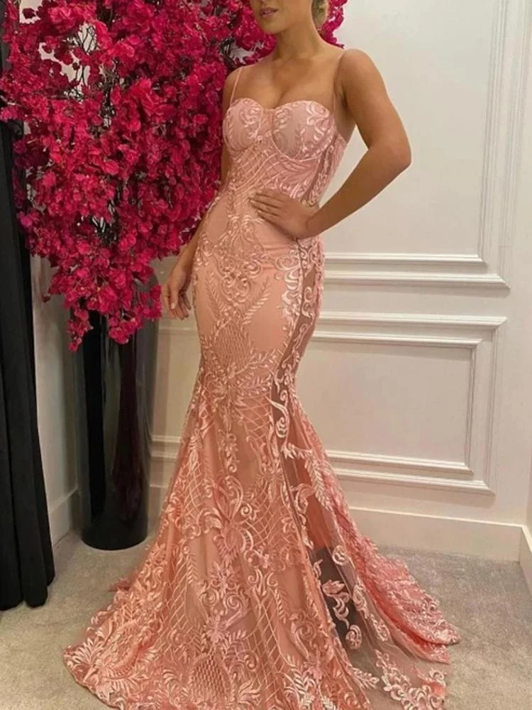 Promsstyle Promsstyle Sexy Pink Sleeveless Embroidery Sling Long Evening Dress Prom Dress 2023