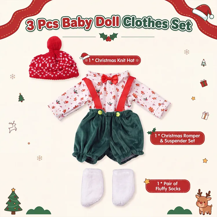 Christmas Romper Outfit Set for 12&ndash;16 Inch Silicone Reborn Baby Dolls &ndash; Holiday Knit Hat & Fluffy Socks Doll Clothes