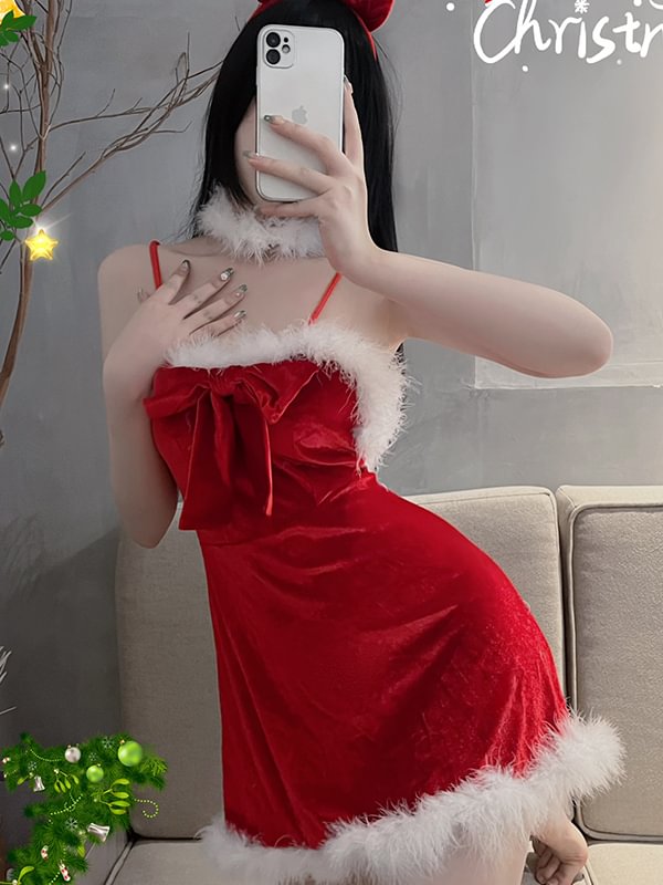 Christmas Velvet Fur Paneled Bow Dress