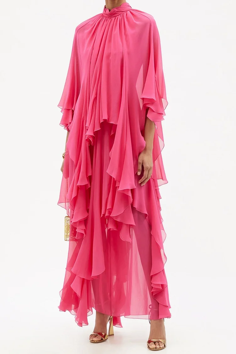 Stand Collar Ruffle Hem Maxi Dress