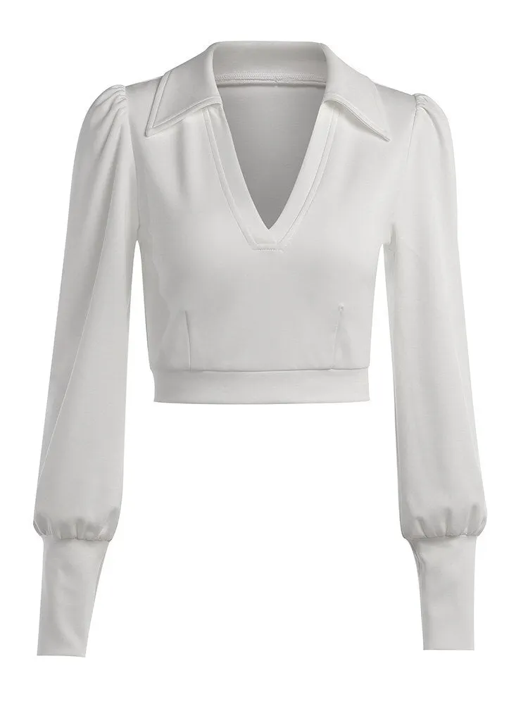 Wannathis Sexy Puff Sleeve Cropped Top For Women Casual Turn Down Collar Streetwear Daily Wear Solid Autumn 2021 Slim Female Tee