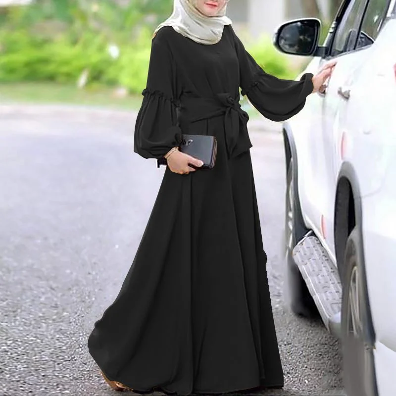 ZANZEA Women Muslim Abaya Dubai Dress Solid Long Sleeve Ruffles Maxi Long Sundress Robe Femme Lace Up Hijab Dress Islamic Kaftan