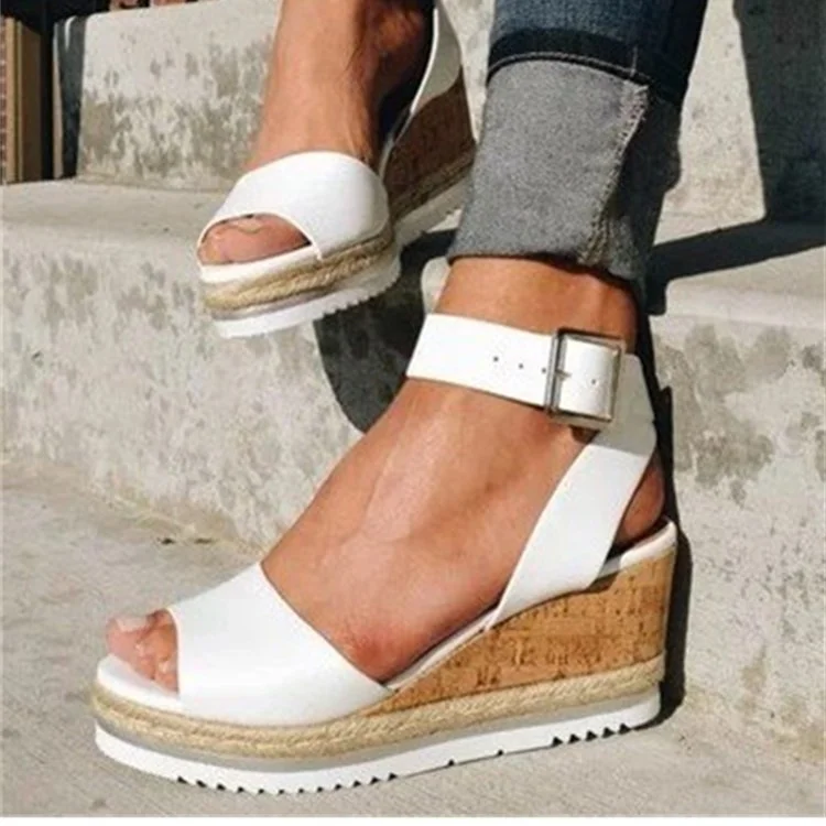 Solid Color Buckle round Head Leisure Wedge Sandals VangoghDress