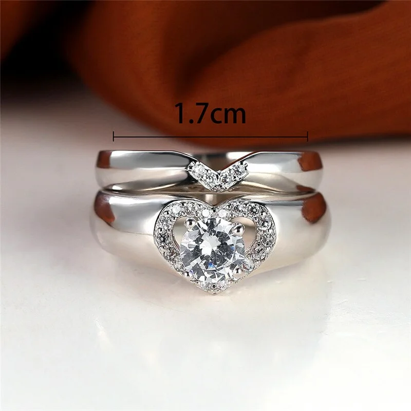 Luxury Female Crystal Heart Set Ring Classic Silver Color Engagement Ring Minimalist Metal Wedding Rings For Women