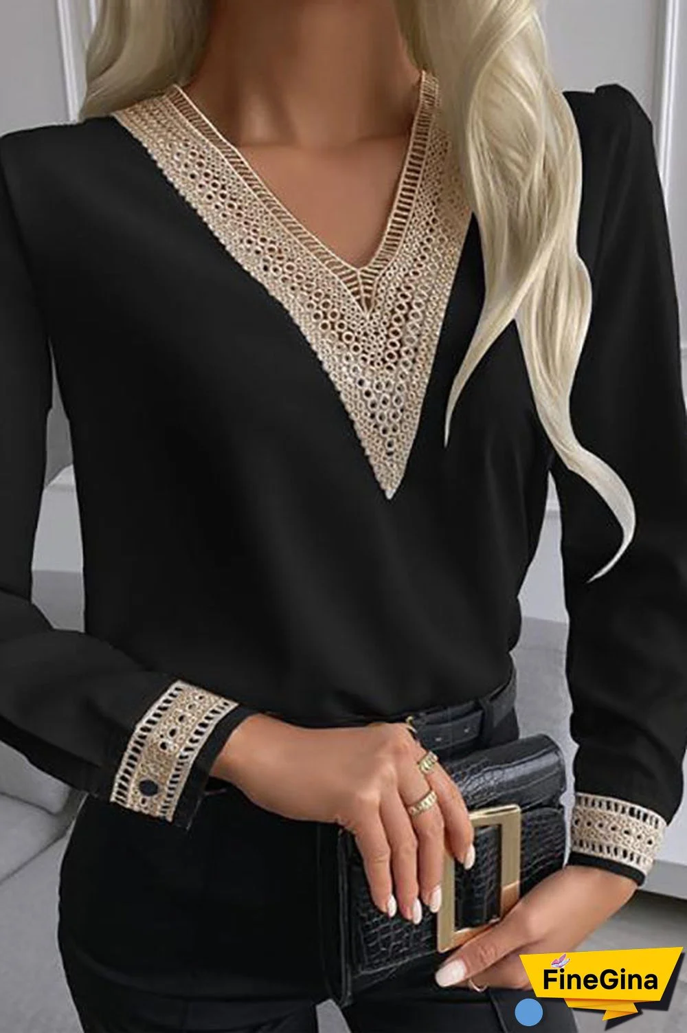 Lace Stitching V Neck Shirt