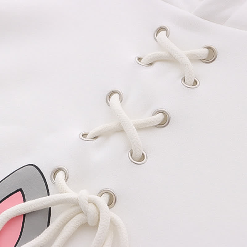 Cartoon Rabbit Print Lace Up Loose Plush Hoodie