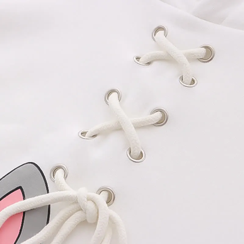 Cartoon Rabbit Print Lace Up Loose Plush Hoodie