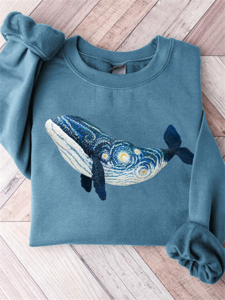 Romanshe Starry Night Inspired Whale Art Comfy Sweatshirt