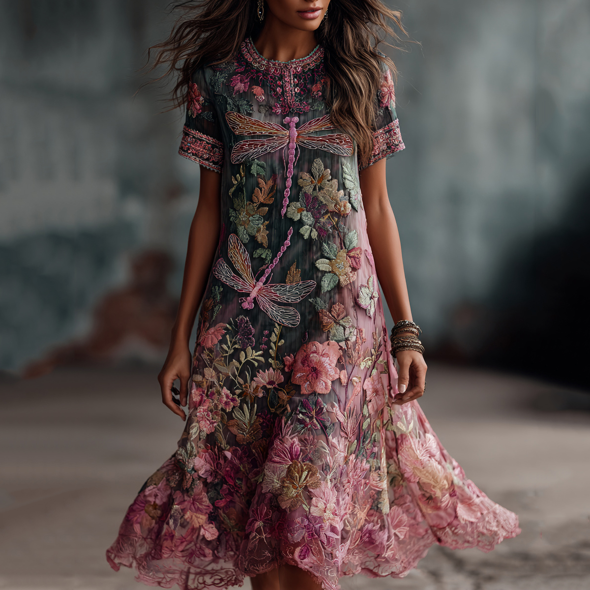 Women's Dragonfly And Floral Art Print Linen Blend Short Sleeve Dress elevenforest