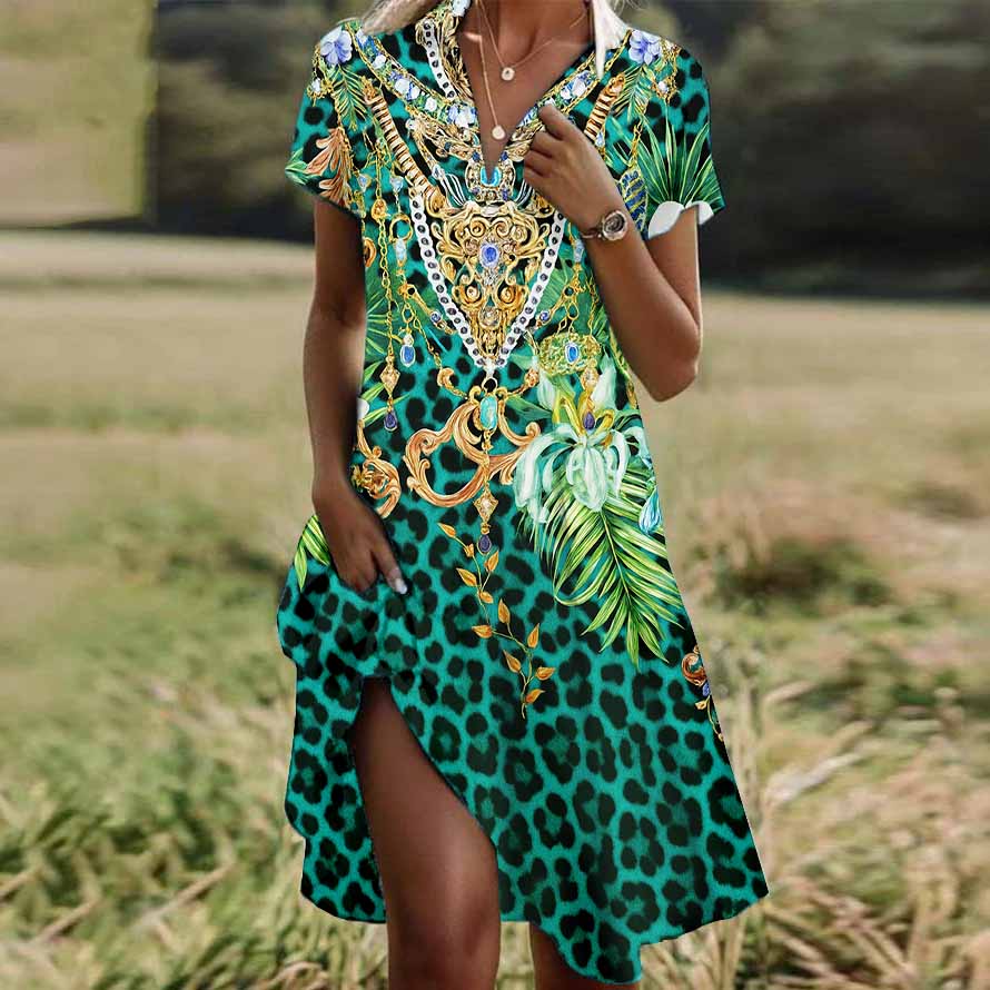 Women Half Sleeve V-neck Solid Color Dress