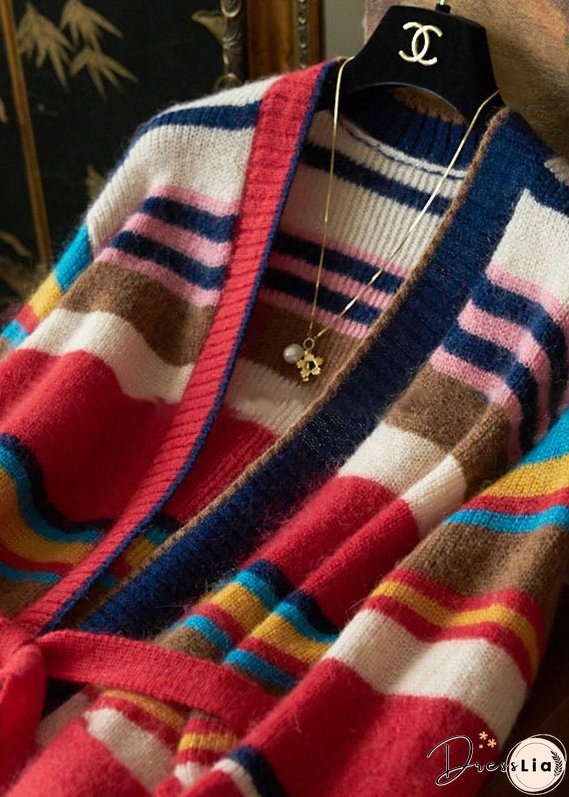 New Striped Tie Waist Pockets Patchwork Knit Cardigan Fall