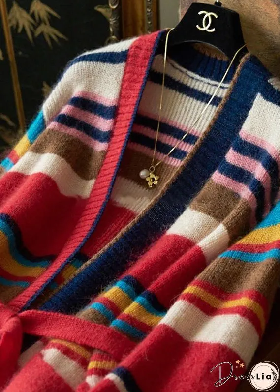 New Striped Tie Waist Pockets Patchwork Knit Cardigan Fall