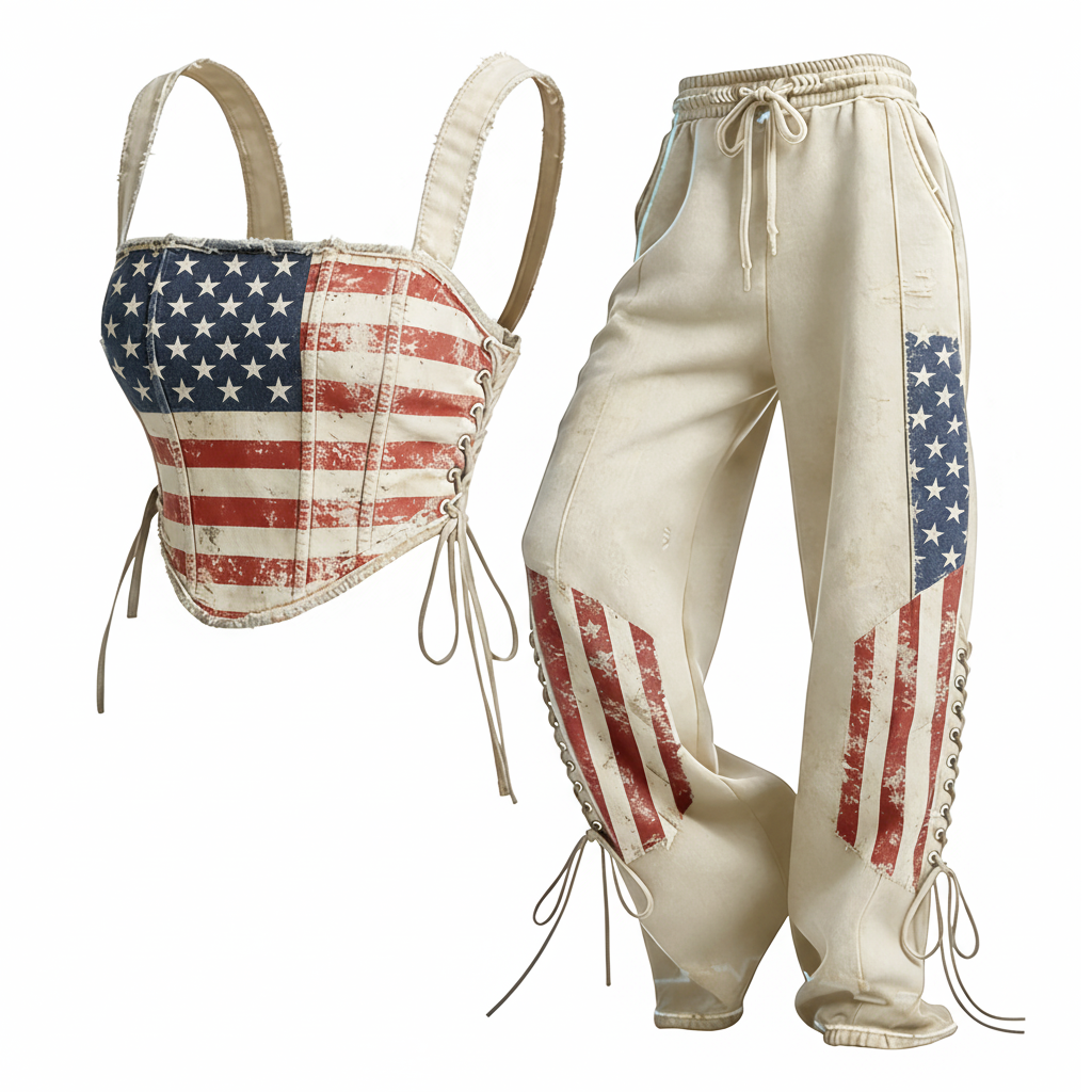 American Street Style Flag Patchwork Denim Corset Top + Drawstring Wide-leg Pants - Helixace