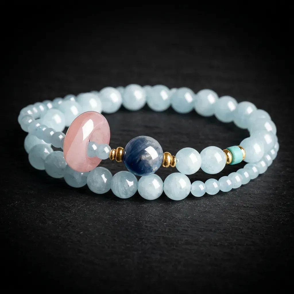 JiStones Serenity & Love: Natural Aquamarine & Rose Quartz Double-Layer Bracelet Serenity Blue & Rose Quartz - Double Layer