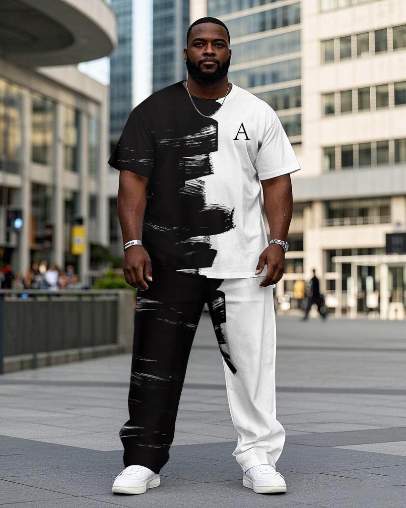 Big Guy&rsquo;s White & Black Brush Chest Letter Print Short Sleeve T-Shirt Trousers Set